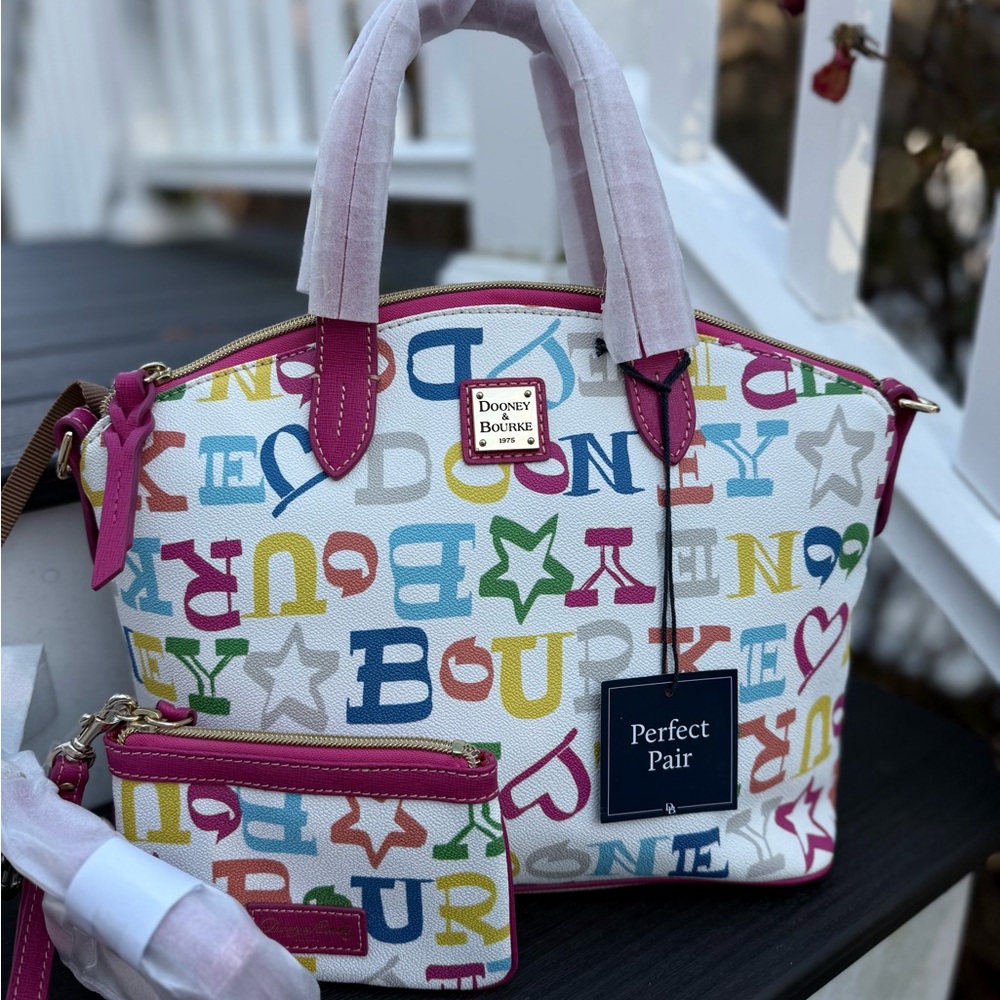 Dooney & Bourke Multicolor Logo Print Satchel with Pink Trim